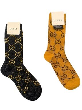 2 Pair Gucci Outlet GG Monogram Crew Socks — Black & Yellow Gold
